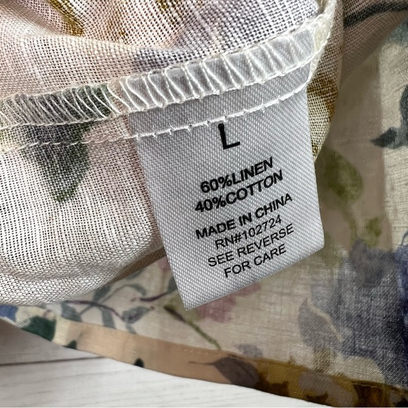 Hester & Orchard Linen Blend Blouse Floral Button Closure Tie sleeve Size L - Picture 7 of 9